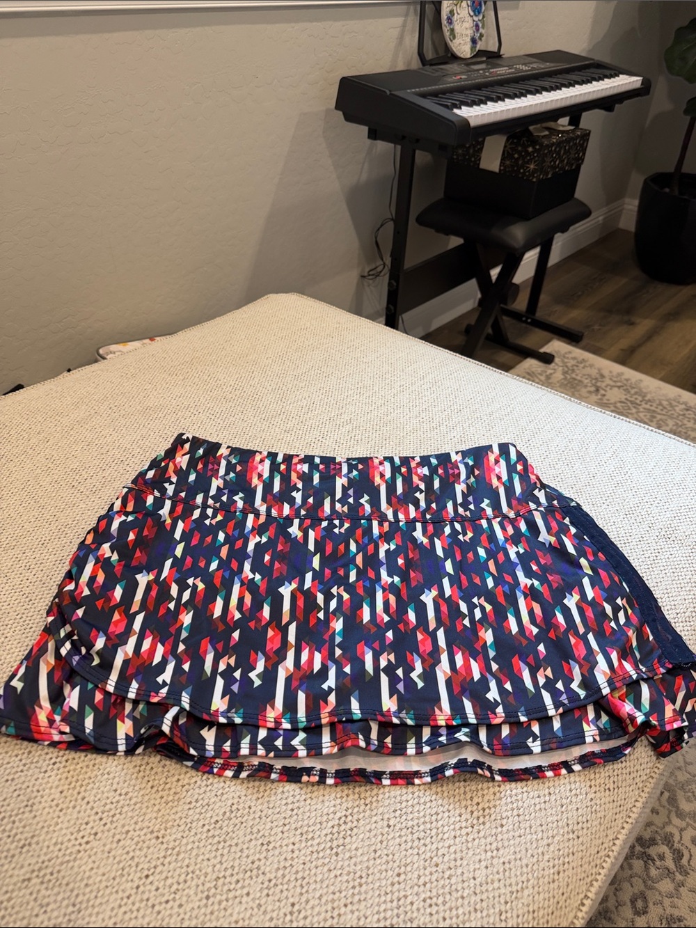 Lucky in Love Navy Geometric Ruffle Hem Skort with Red & Pink Accents